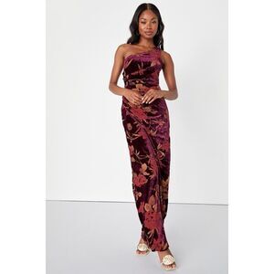 Lulus Unreal Awe Burgundy Floral Burnout Velvet One-shoulder Dress Red - Size S